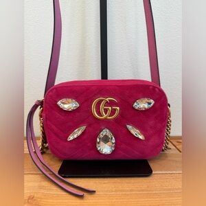 Gucci GG Marmont Matelasse Fuchsia Pink Velvet and Crystal Crossbody Bag